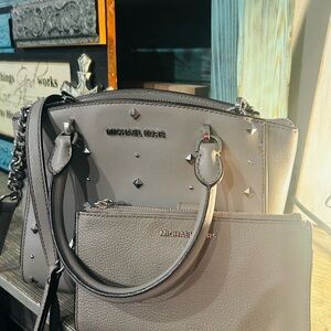 Michael Kors Grey Studded Mini Leather Satchel With Matching Large Wallet